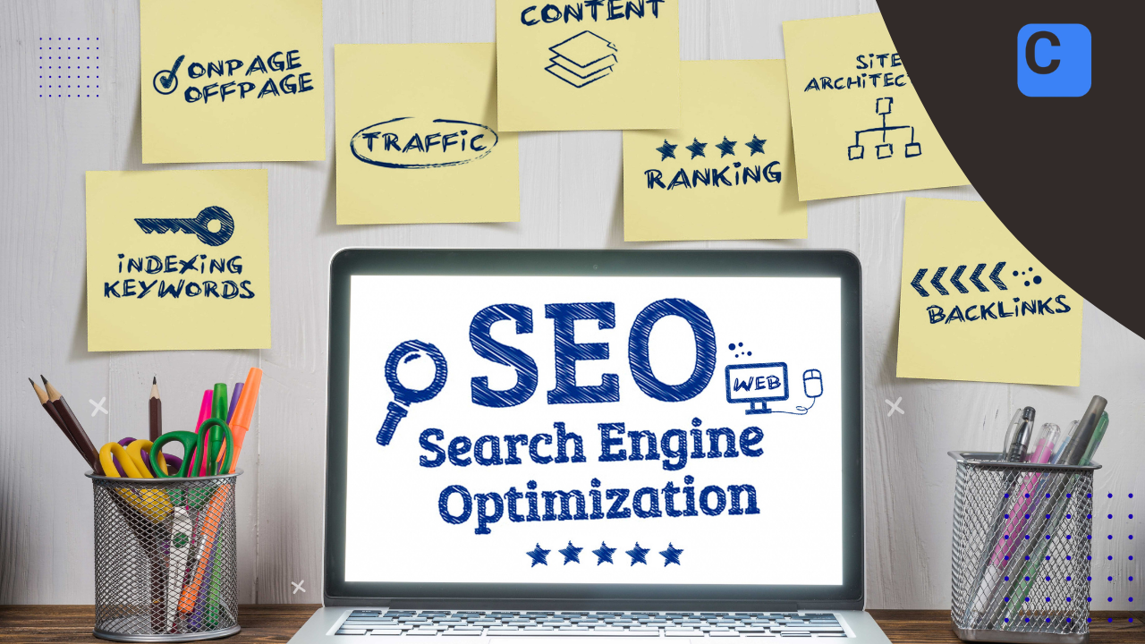Magnifying glass over website analytics and search data on a screen